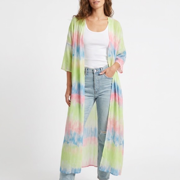 Sweaters - Multicolor Tie Dye Maxi Duster Cardigan Open Front Short Sleeve 2XL